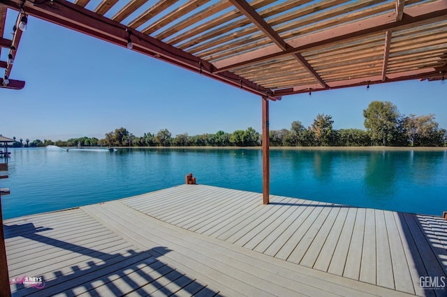 view of dock with a water view and a pergola