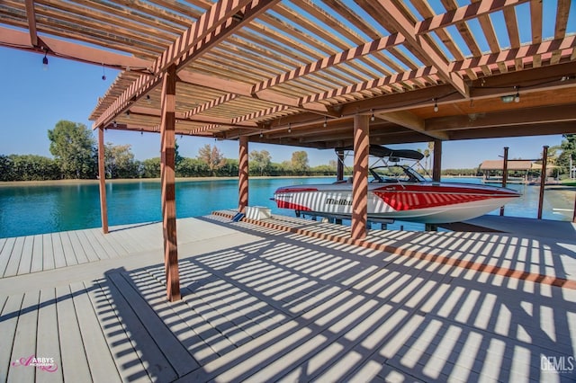 view of dock with a water view and a pergola