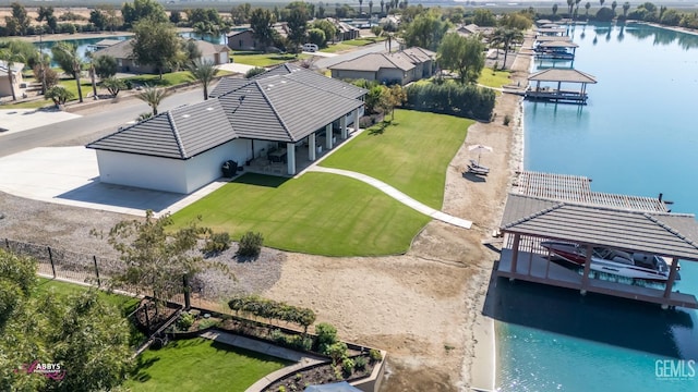 drone / aerial view featuring a water view