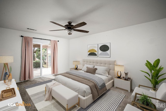 bedroom with access to exterior, light colored carpet, and ceiling fan