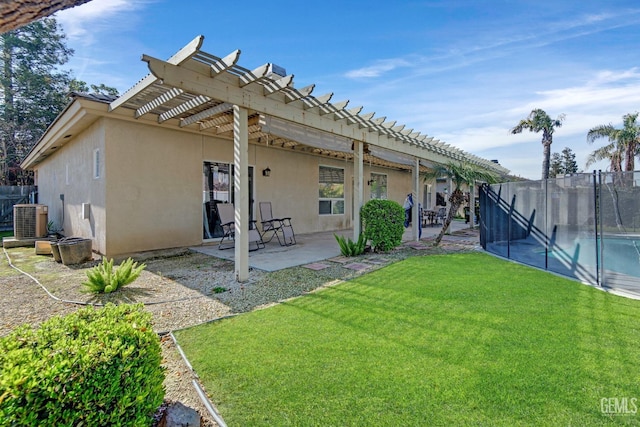 11602 Marazion Hill Ct, Bakersfield, CA 93311 - rear view of house featuring central air condition unit, stucco siding, fence, and a pergola