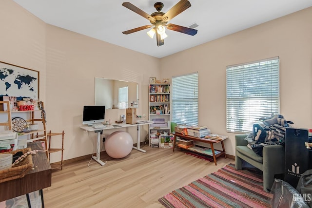 11602 Marazion Hill Ct, Bakersfield, CA 93311 - office with baseboards, ceiling fan, visible vents, and light wood finished floors