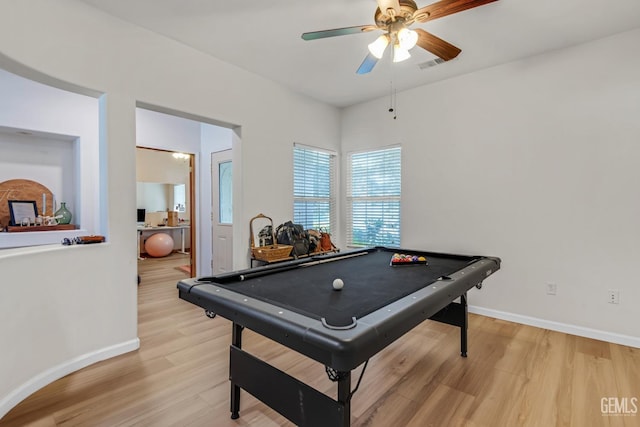 11602 Marazion Hill Ct, Bakersfield, CA 93311 - rec room with pool table, a ceiling fan, light wood finished floors, baseboards, and visible vents
