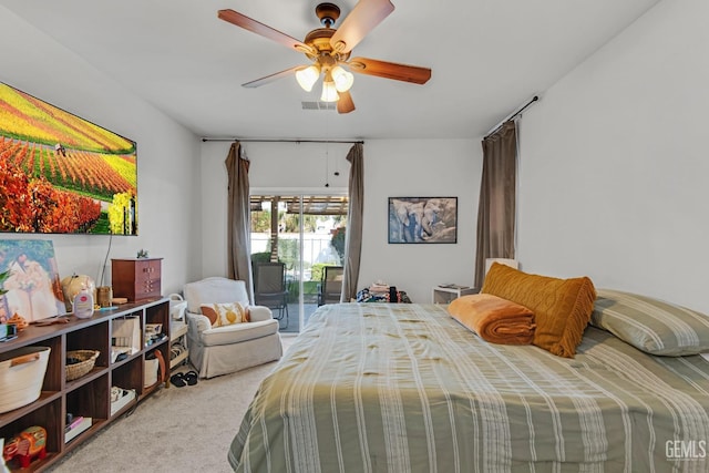 11602 Marazion Hill Ct, Bakersfield, CA 93311 - bedroom with visible vents, a ceiling fan, carpet floors, and access to outside