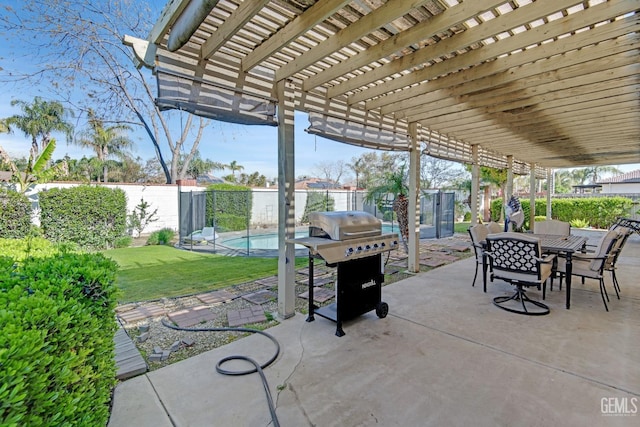 11602 Marazion Hill Ct, Bakersfield, CA 93311 - view of patio with a fenced backyard, area for grilling, a pergola, and outdoor dining space