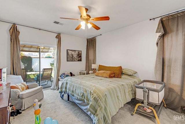11602 Marazion Hill Ct, Bakersfield, CA 93311 - carpeted bedroom with access to exterior, visible vents, and a ceiling fan