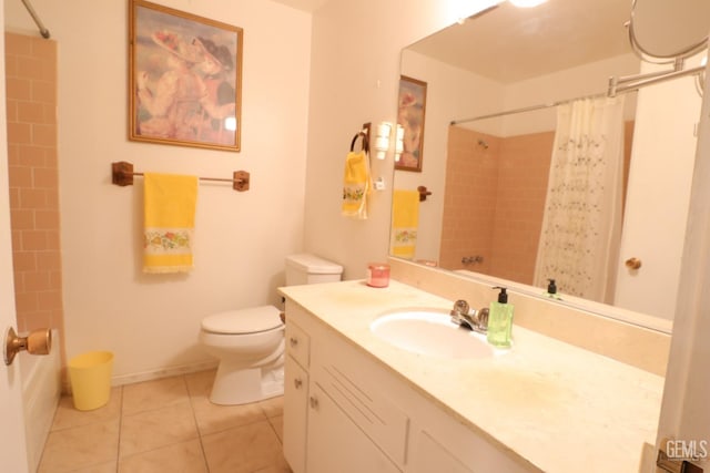 bathroom with vanity, shower / tub combo with curtain, tile patterned floors, and toilet