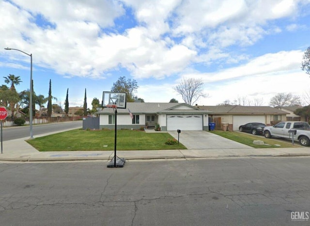 single story home featuring a front yard and a garage