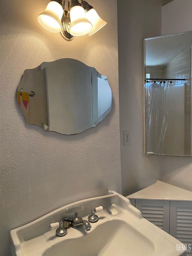 room details featuring a sink and a shower with curtain