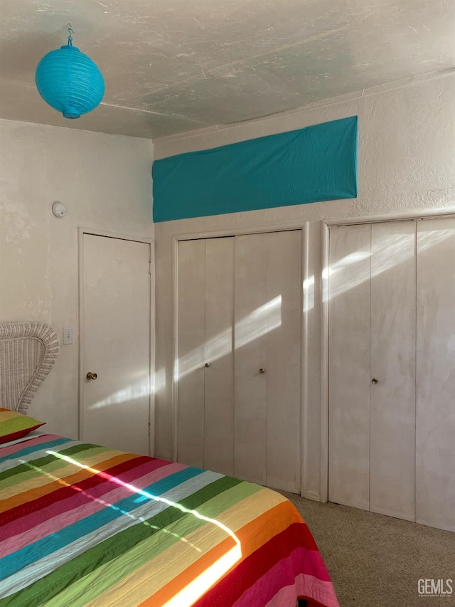 carpeted bedroom featuring two closets