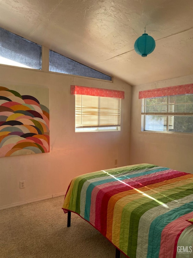 carpeted bedroom featuring baseboards and lofted ceiling