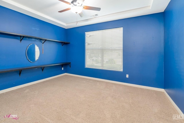 spare room featuring a raised ceiling, ceiling fan, and carpet