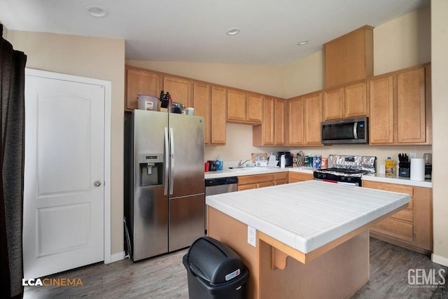 kitchen featuring wood finished floors, stainless steel appliances, lofted ceiling, and tile counters