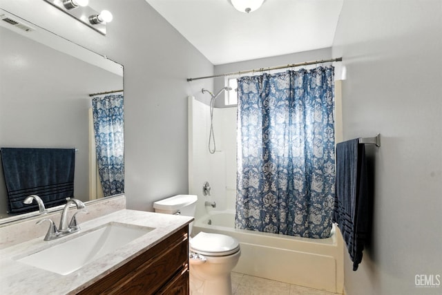 3023 Esperanza Dr, Bakersfield, CA 93313 - full bathroom featuring vanity, shower / bath combination with curtain, tile patterned flooring, and lofted ceiling