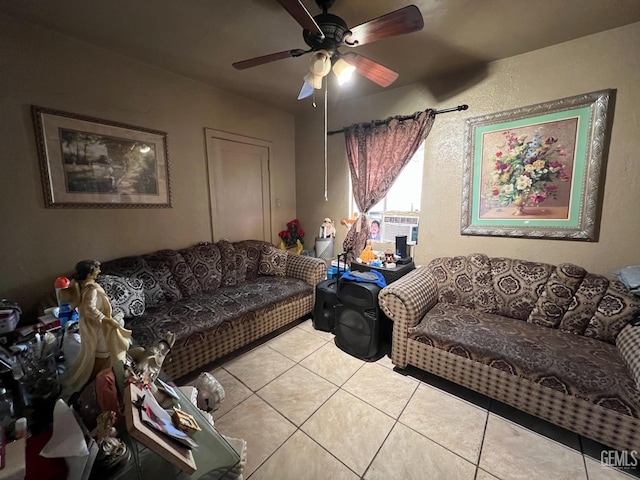 tiled living room with cooling unit and ceiling fan