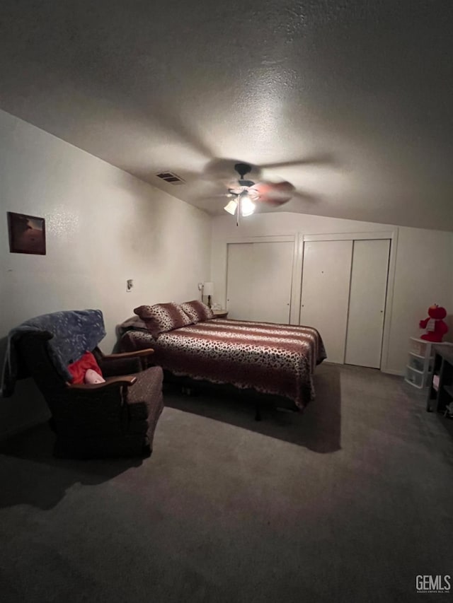 220 Tyler St, Taft, CA 93268 - bedroom with carpet floors, a ceiling fan, a textured ceiling, and vaulted ceiling