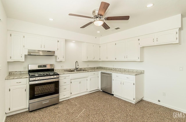 kitchen featuring white cabinets, appliances with stainless steel finishes, ceiling fan, and sink