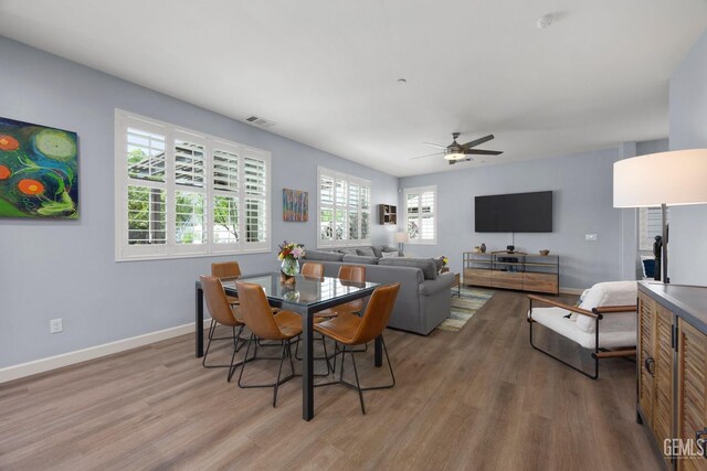 8113 Mcgraw Hill Dr, Bakersfield, CA 93311 - dining area featuring light wood-style flooring, a healthy amount of sunlight, a ceiling fan, and baseboards