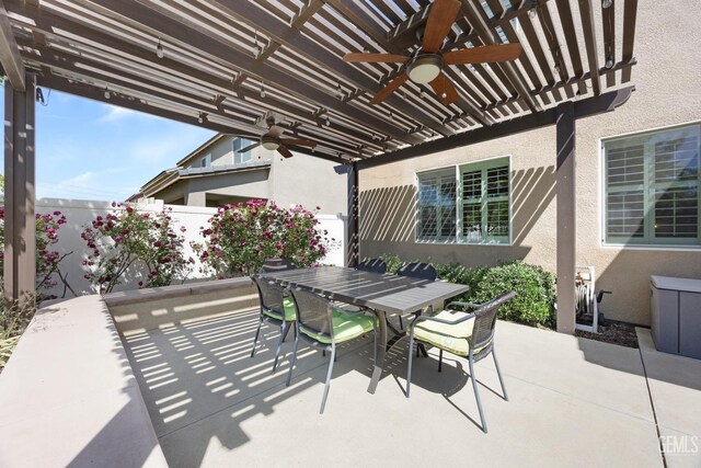 8113 Mcgraw Hill Dr, Bakersfield, CA 93311 - view of patio with outdoor dining area, fence, a ceiling fan, and a pergola