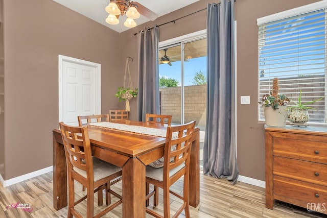 22 Emerald Isle Way, Bakersfield, CA 93314 - dining room with light wood-style flooring, a ceiling fan, and baseboards