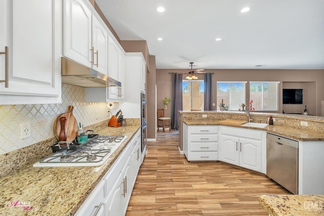 22 Emerald Isle Way, Bakersfield, CA 93314 - kitchen with backsplash, under cabinet range hood, stainless steel appliances, and light wood-style flooring