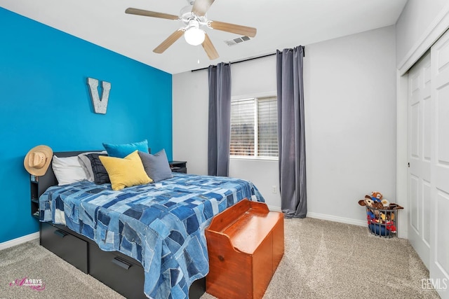 22 Emerald Isle Way, Bakersfield, CA 93314 - bedroom with a ceiling fan, a closet, carpet, baseboards, and visible vents