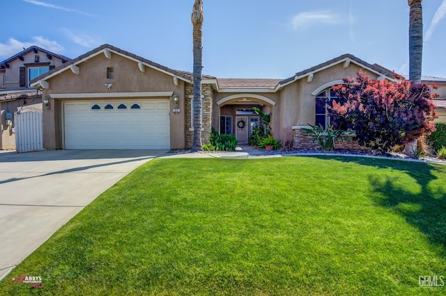22 Emerald Isle Way, Bakersfield, CA 93314 - view of front of house featuring a tile roof, concrete driveway, a front lawn, a garage, and stucco siding