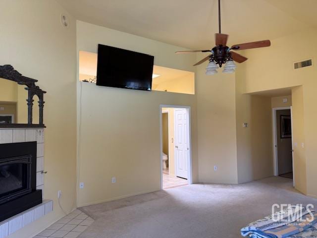 2012 Calle Las Brisas, Bakersfield, CA 93309 - unfurnished living room with a high ceiling, light colored carpet, a ceiling fan, and a fireplace