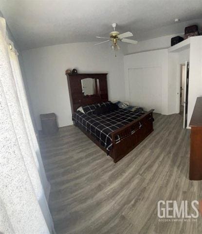 1024 Hazelnut St, Wasco, CA 93280 - bedroom with wood finished floors, a closet, and a ceiling fan