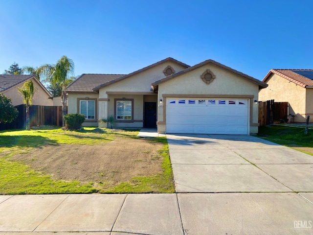 ranch-style home with a garage and a front lawn