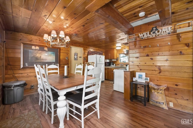 dining space with wooden walls, wooden ceiling, dark hardwood / wood-style floors, and an inviting chandelier