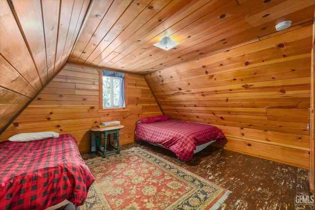 bedroom featuring wooden walls, vaulted ceiling, and wooden ceiling