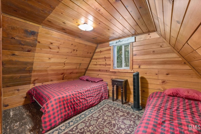 bedroom featuring wood walls, wooden ceiling, and lofted ceiling