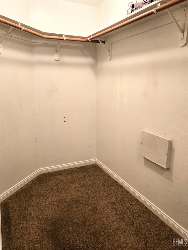 walk in closet featuring dark carpet