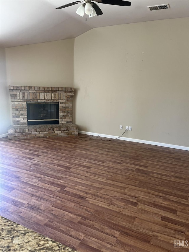 5700 Via Marisol St, Bakersfield, CA 93308 - unfurnished living room with a ceiling fan, wood finished floors, lofted ceiling, and a fireplace