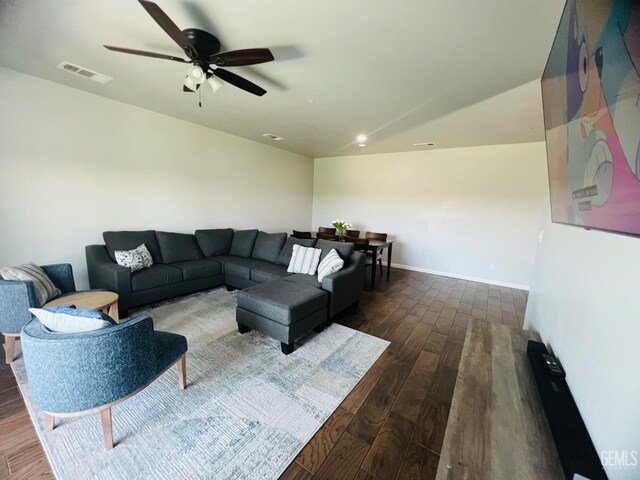 318 Smoke Tree Ct, Wasco, CA 93280 - living area with wood finished floors, a ceiling fan, and baseboards