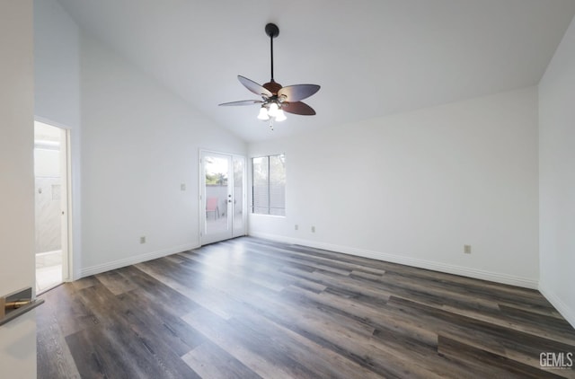 unfurnished room featuring high vaulted ceiling, ceiling fan, and dark wood-type flooring