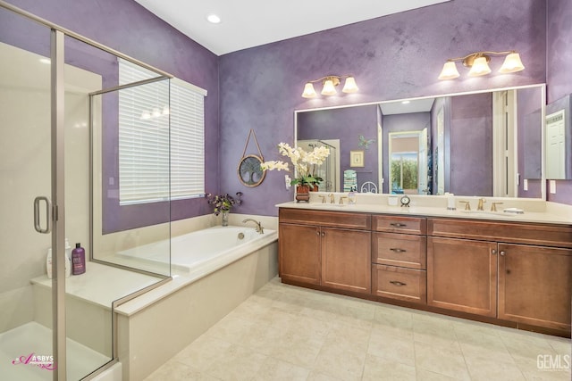 9803 Petersburg Pl, Bakersfield, CA 93306 - bathroom featuring double vanity, a bath, a shower stall, and tile patterned flooring
