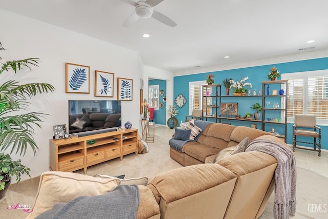 9803 Petersburg Pl, Bakersfield, CA 93306 - carpeted living area with a ceiling fan and recessed lighting