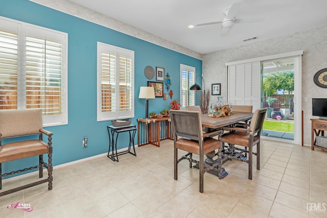 9803 Petersburg Pl, Bakersfield, CA 93306 - dining area with plenty of natural light, a ceiling fan, and baseboards