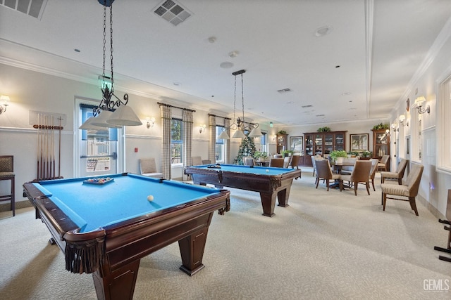 9803 Petersburg Pl, Bakersfield, CA 93306 - recreation room featuring light colored carpet, billiards, healthy amount of natural light, and ornamental molding