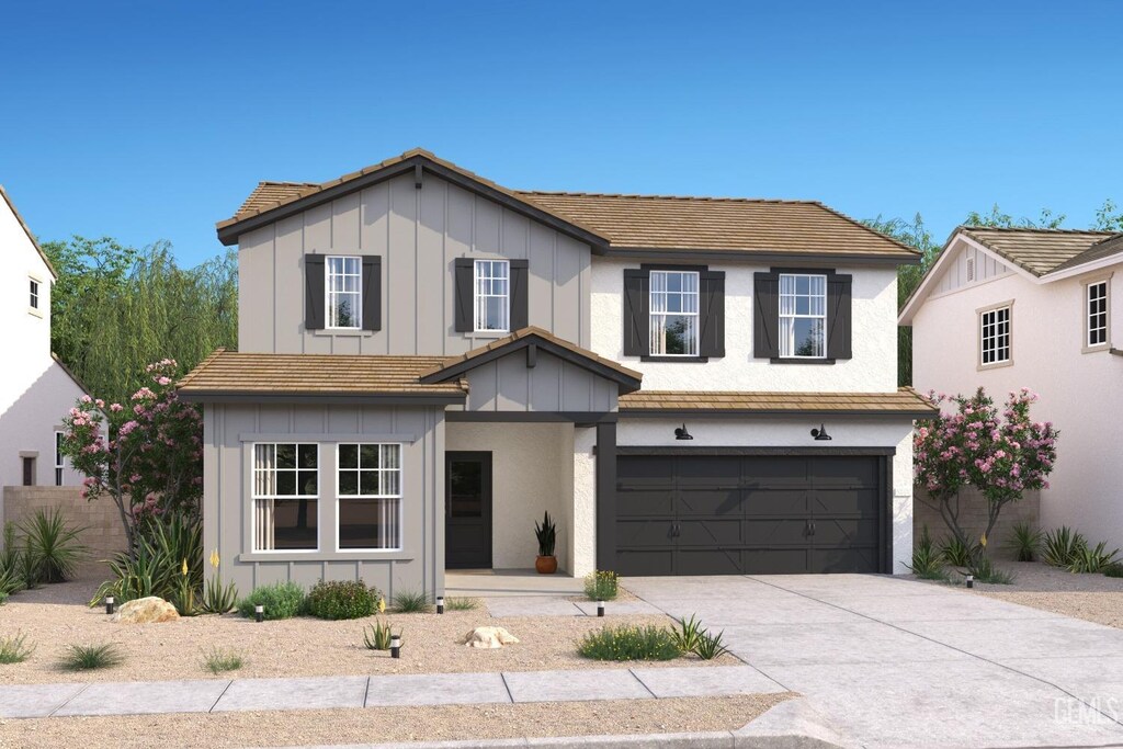 6222 Gorini Ln, Bakersfield, CA 93313 - view of front facade with stucco siding, an attached garage, concrete driveway, and board and batten siding