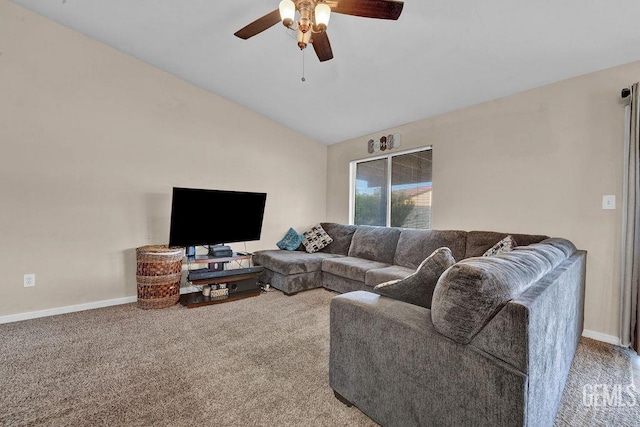 carpeted living area featuring lofted ceiling, ceiling fan, and baseboards