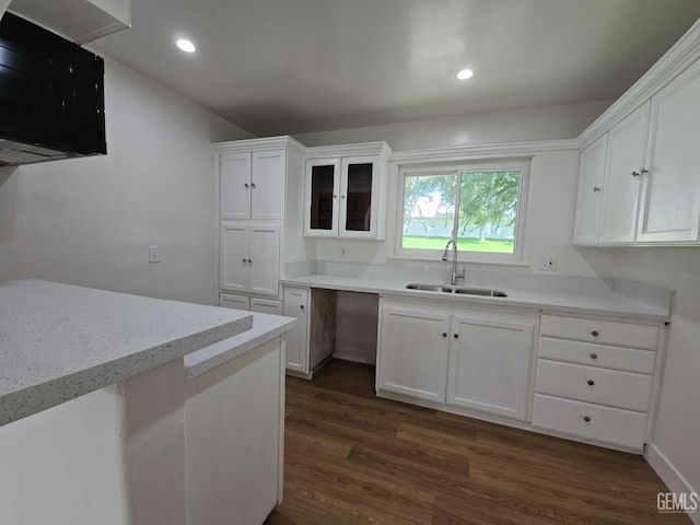 kitchen featuring light stone countertops, white cabinetry, dark wood-type flooring, and sink