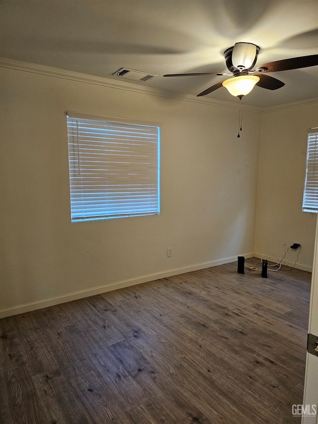 2131 Berger St, Bakersfield, CA 93305 - unfurnished living room with wood finished floors, visible vents, a ceiling fan, and ornamental molding
