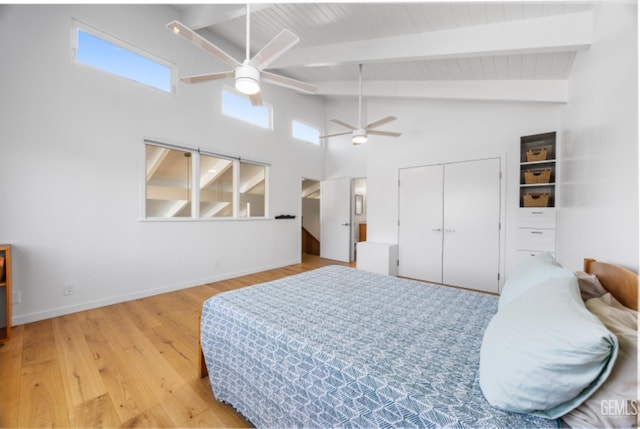 662 Woodland Ct, Arroyo Grande, CA 93420 - bedroom featuring wood finished floors, a closet, ceiling fan, high vaulted ceiling, and a wooden ceiling with exposed beams
