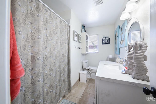 bathroom featuring tile patterned floors, vanity, and toilet