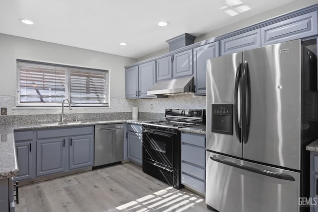 kitchen with sink, stainless steel appliances, light wood-type flooring, and backsplash