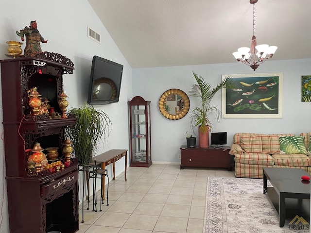 tiled living area featuring baseboards, lofted ceiling, a chandelier, and visible vents