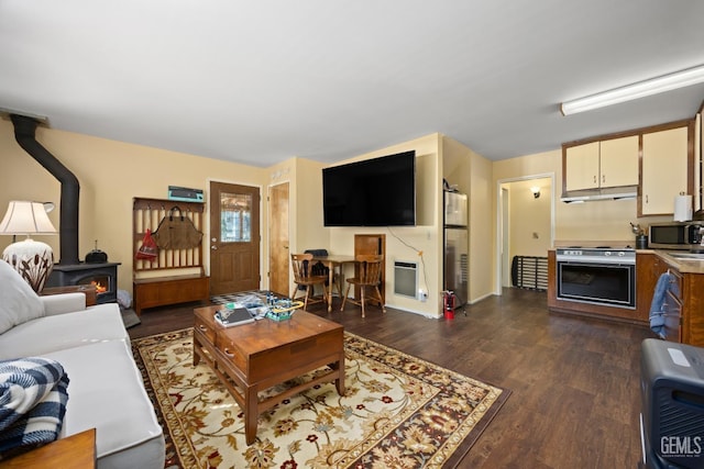 living area featuring a wood stove and dark wood finished floors